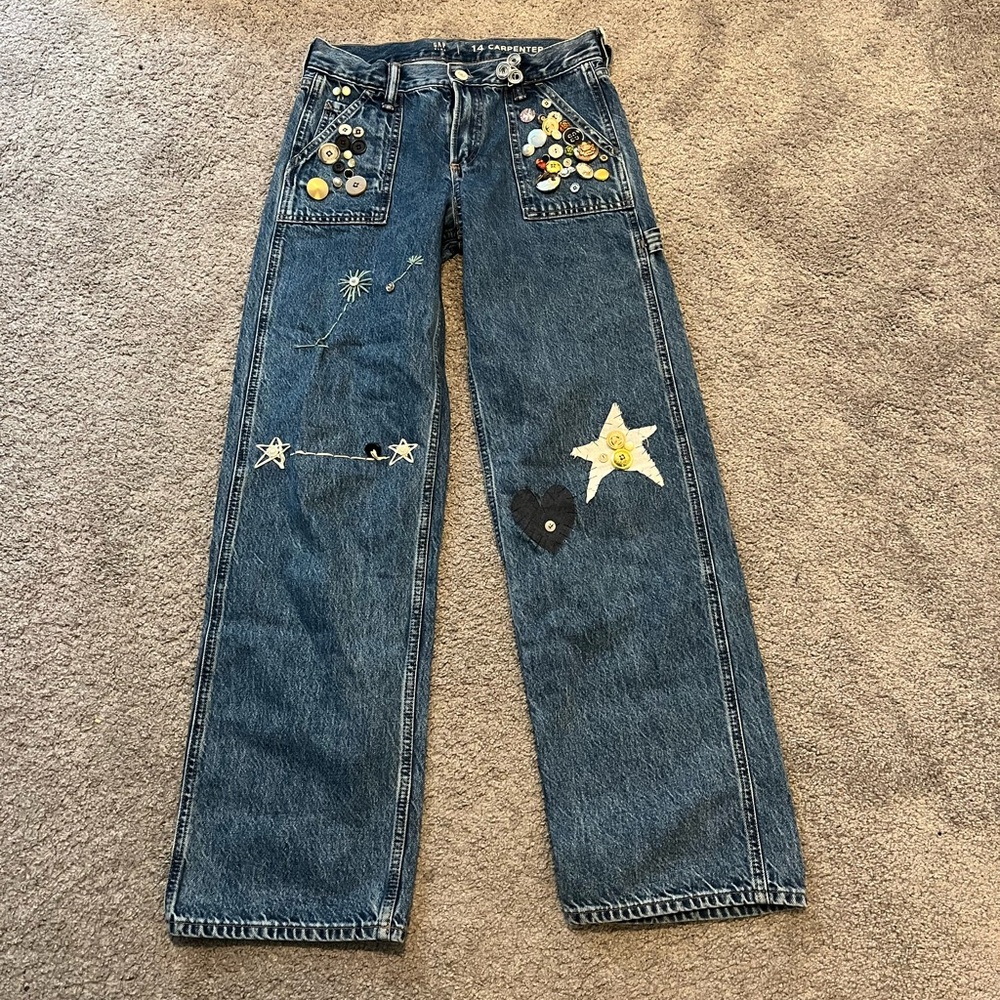 Gap Kids size 14 Upcycled Embroidered Denim Jeans with Star and Floral Accents